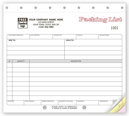 Carbonless, Small Format Packing Lists