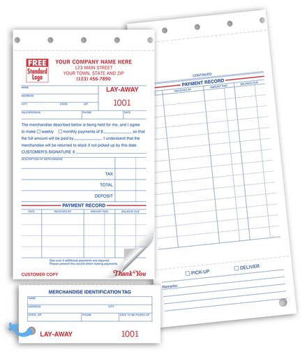 Layaway Forms - 4 Payment Record Rows on Front