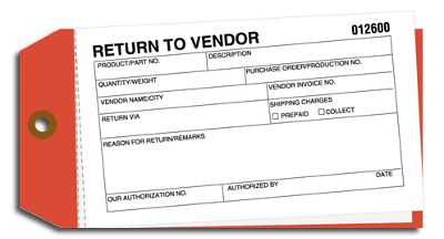 Material Control Tags - Return to Vendor 15010
