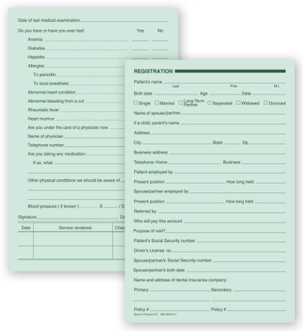 Dental Registration Forms, Two - Sided, Green Ledger