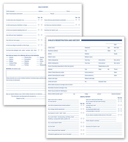 Dental Child Registration and History Forms, 2 Sided