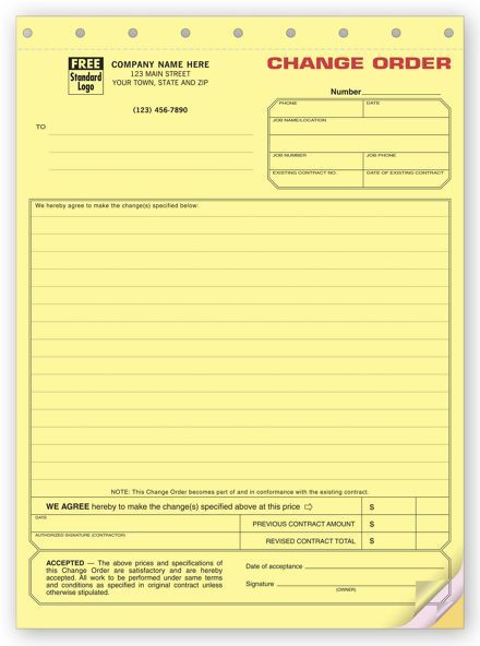 Change Order Form - Contractors - Yellow Carbonless