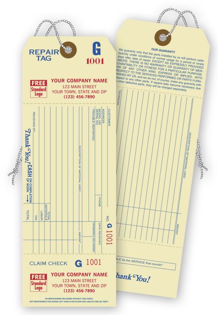 Repair Tags w/ Detachable Claim Check, 1 Part, Manilla