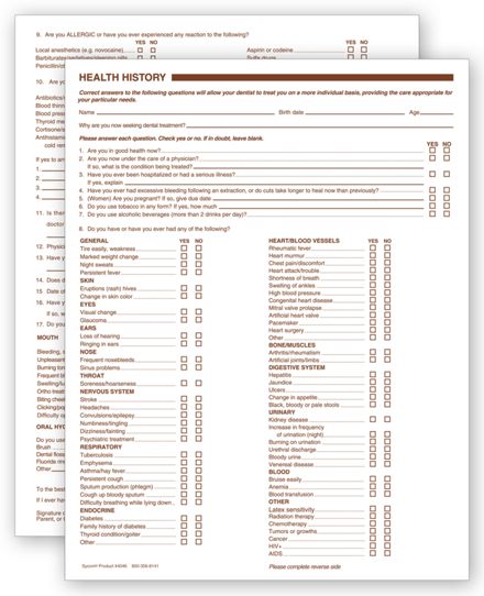 Dental Health History Questionnaires, 2 Sided, No Hole Punch