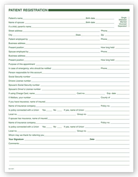 Dental Patient Registration Forms, 1 Sided, No Hole Punch