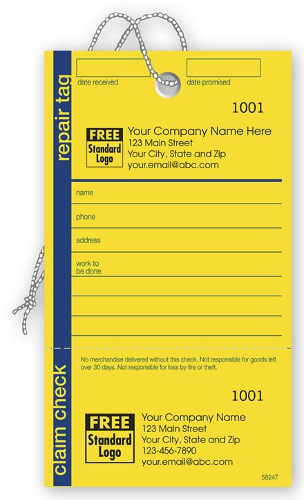 Repair Tag in Yellow w/Navy Border 3.125 x 5.5