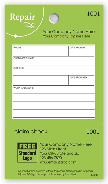Repair Tag in Green w/White Fill-In Space 3.125 x 5.5