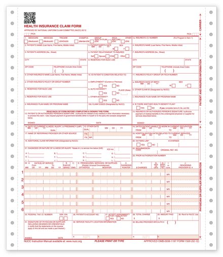 CMS-1500 One-Part Continuous Insurance Claim Form 0212