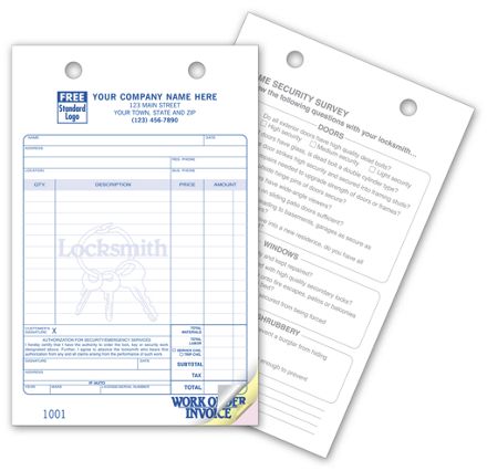 Locksmith Sales Invoice Forms - Home Security Survey on Back