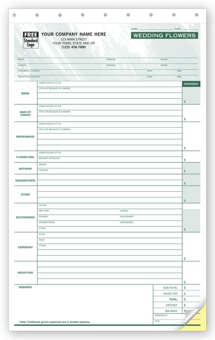 Wedding Flower Order Forms - Floral Arrangement Grid on Back
