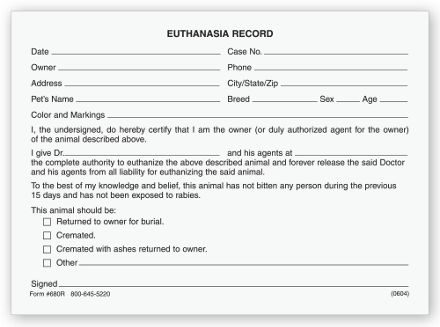 Veterinary Euthanasia Record Form Pads