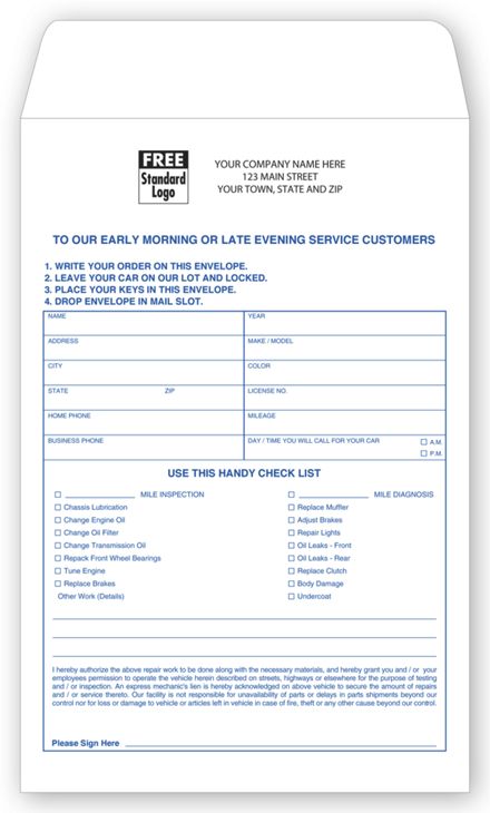 Overnight Auto Repair Envelope 6 X 9, Gummed Seal