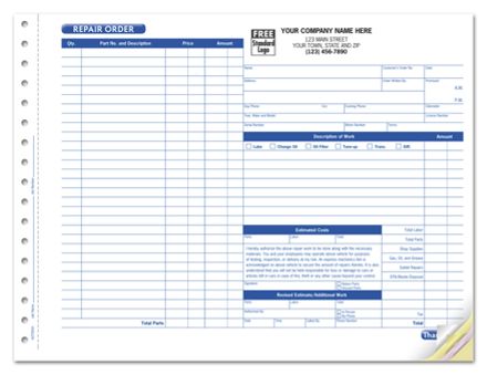 Garage Repair Order with Side-Stub, Carbonless, Large