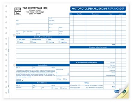 Motorcycle/Small Engine Repair Order, Carbonless