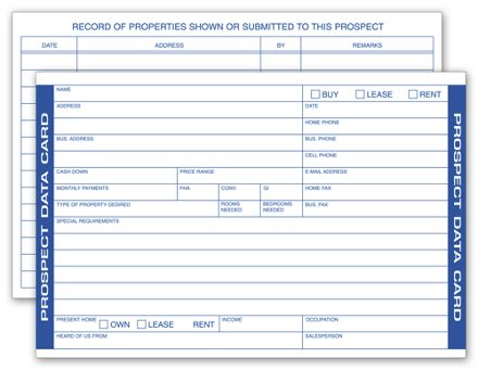 Real Estate Prospect Data Cards, Record of Properties Shown