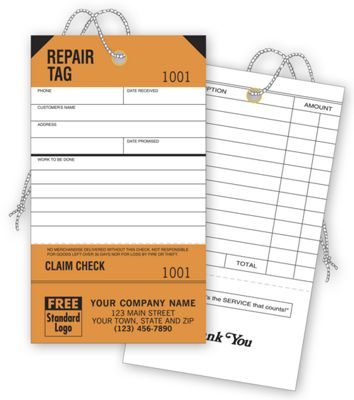 Repair Tags, Service, Orange, Detachable Claim Check D304