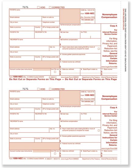 1099 NEC Federal Copy A Cut Sheet - 500 Sheets/pk