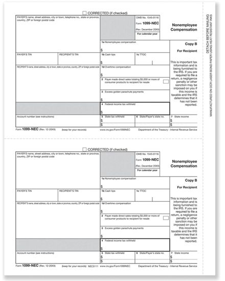 1099 NEC Recipient Copy B Cut Sheets - 50 sheets/pk