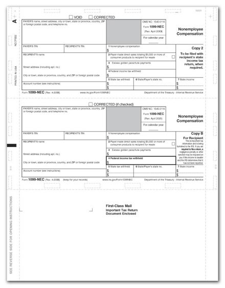 1099 NEC 2-Up Horiz Copy B & 2 11" Z Fold Bulk 500 Sheets/pk