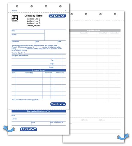 Layaway Forms - 7 Payment Record Rows on Front