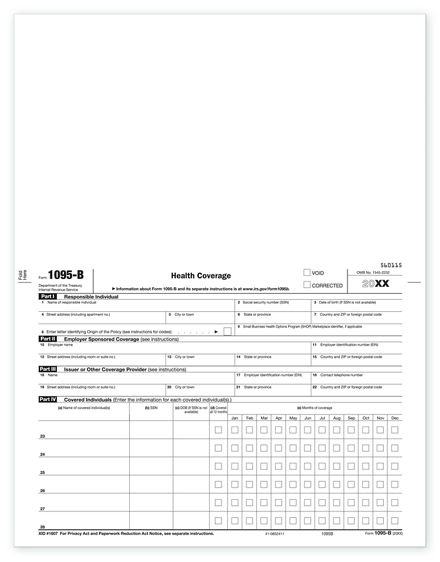 Bulk 1095B ACA Health Coverage - 500 Sheets/pk