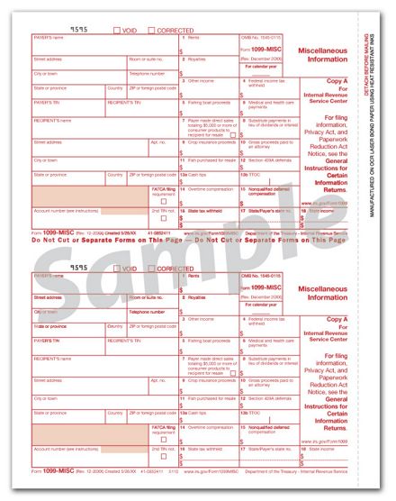 1099 MISC Income, Federal Copy A - Bulk 500 Sheets/pk