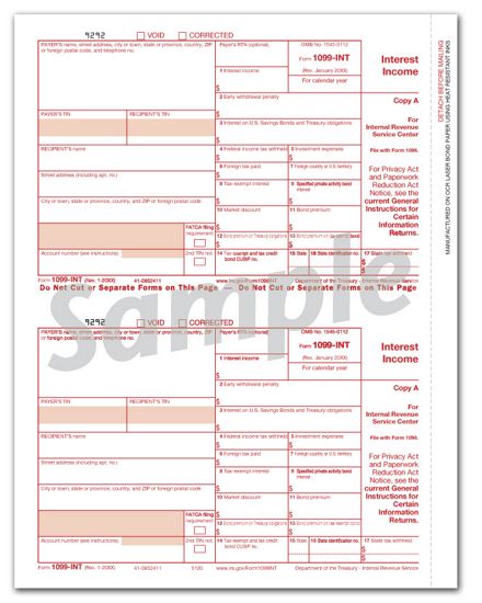 1099 INT Income, Federal Copy A - 50 sheets/pk