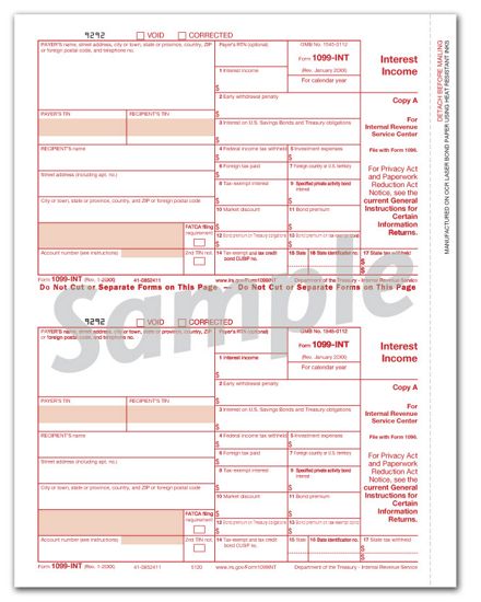 1099 INT Income, Federal Copy A - Bulk 500 Sheets/pk