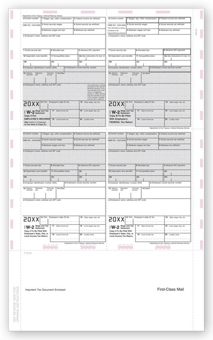14" 4-Up W-2, Pressure Seal - 500 Sheets/pk