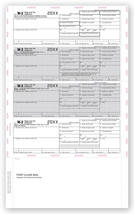 14" 4-Up W-2, Emp Copy, Horiz, Pressure Seal - 500 Sheets/pk