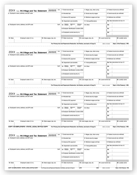 4-Up W-2, Employer Copy, Horizontal Format - 25 Sheets/pk