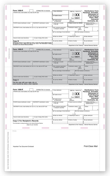 14" 3-Up 1099-R, Horiz Format, Pressure Seal - 500 Sheets/pk